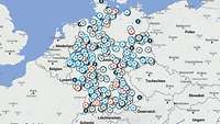 Landkarte mit Symbolen für Netzwerke und Ansprechpartner