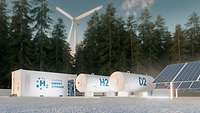 Wasserstofftanks vor einem Wald, Solarpanele und Windkraftrad